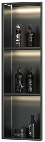 ZXHKZDX da Incasso Acciaio Inox Nicchia Doccia, Metallo Mensole Bagno, Porta Carta Igienica con LED Luce per Parete di Fondo Hotel Cucina(Black,28X90X12.5cm-11X35X5in)