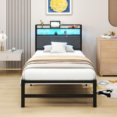 VERFARM 3ft Single Size Bed Frame with LED Lights Storage Upholstered Headboard and Charging Station, Heavy Duty Metal Platform Single Bed Frame, No Box Spring Needed, Noise Free, Easy Assembly