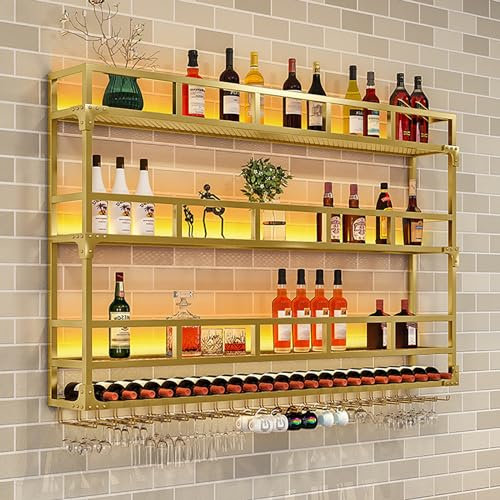 GOKEUEKDY Portabottiglie per Vino di Grande capacità Montato a Parete con Luce LED, mensola per Esposizione Bottiglie di liquore con portabicchieri, mensole galleggianti per Vino da Parete, portabott