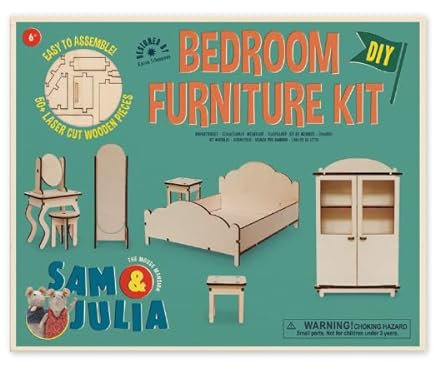 Sam & Julia - Bausatz Schlafzimmer – Puppen-Möbel 1/12 für Puppenhaus oder Puppenstube zum selber basteln – Bastel-Set mit: Bett, Kleiderschrank, Spiegel, Schminktisch, Beistelltische