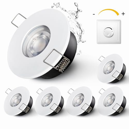 Sweier LED Einbaustrahler 6er Set, Dimmbar IP65 Deckenstrahler GU10, Warmweiß 3000K 5W 230V 430lm Einbauleuchten Wasserdichte Deckenspots mit 10-100% Dimmbereich für Bad Küche & Wohnzimmer