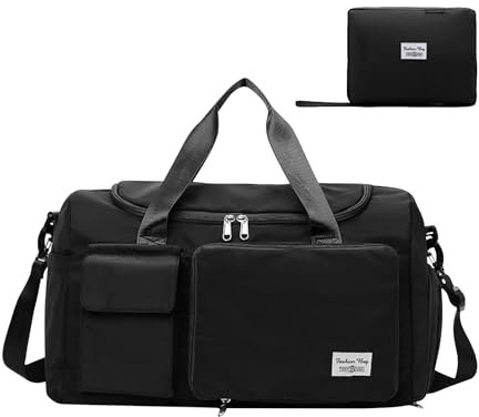 ROEOWENE 35L Sporttasche Damen Herren Faltbare Reisetasche Groß xl Saunatasche Handgepäck Tasche Gym Schwimmtasche Gepäcktasche Übernachtungstasche Weekender Bag Seesack Fitnesstasche,50x25x28,Schwarz