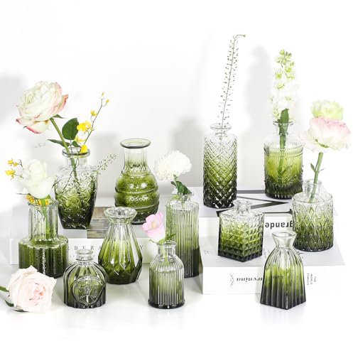 Anquephd Lot de 12 vases en verre vert foncé