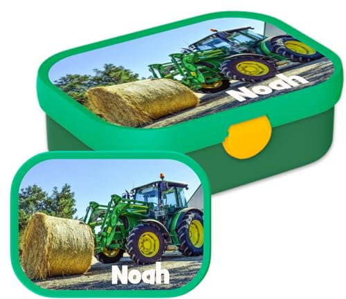 Mepal Personalisierte Brotdose mit Namen - Bento Lunchbox für Kinder - Traktor - Geeignet für bis zu 4 Butterbrote - BPA-frei & Spülmaschinenfest - 750 ml - Traktor mit Heuballen