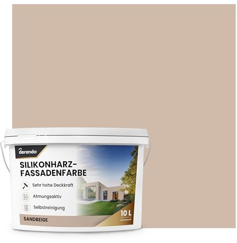 derendo Fassadenfarbe Beige Silikonharzfarbe matt Sandbeige aussen 5l | Für Putz Beton, Abperleffekt, wasserabweisend, UV-beständig, hohe Deckkraft, rissfüllend, diffusionsoffen, Made in Germany,