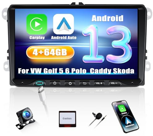 SIXWIN 4+64G Autoradio Android 13 con CarPlay/Android Auto/Mirror Link per VW Golf 5 6 Polo Caddy Skoda Passat,9 Pollici HD TouchScreen Schermo Navigatore WiFi Bluetooth 5.0 FM/RDS 32EQ