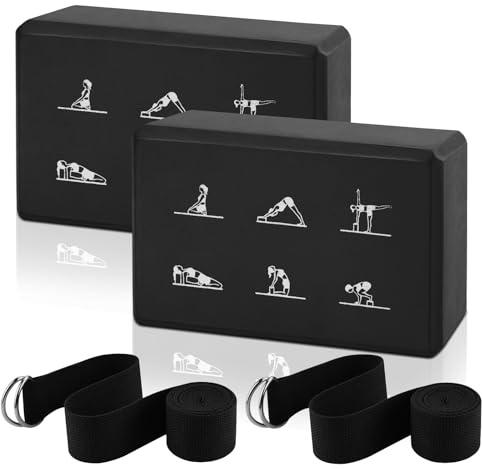 HAOTIAN-X 2 Yoga-Block und Yoga-Strap-Set, hohe Dichte EVA-Schaumstoff-Blöcke, rutschfeste Yogas-Ziegel mit 6ft Strap, Latex-freie Yogas-Blocks-Kit (Schwarz, 23×15×7.6cm)