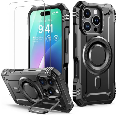 Lanhiem für iPhone 16 Pro Max Hülle, Kamera Ständer, Magnetisch, Schwarz | mit 2 Stück Panzer Glas für MagSafe, Handyhülle für iPhone 16 Pro Max Case Stoßfest Schutzhülle Militärschutz Panzerhülle