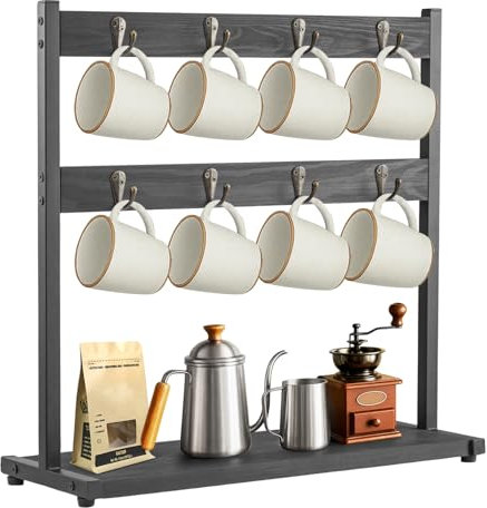 2-Tier Mug Tree 16 Hook Coffee Mug Holder Stand with Storage Base Mug Display Organizer Mug Holders Cup Storage Organizer for Home Kitchen Bar Counter Display Tea (Black without shelves)