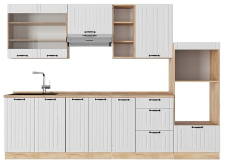 Vicco Küchenzeile Fame-Line, Weiß Landhaus, 280 cm | 9 Module · Höhenverstellbare Füße · Arbeitsplatte Eiche · MDF-Fronten · Softclose · Metallgriffe