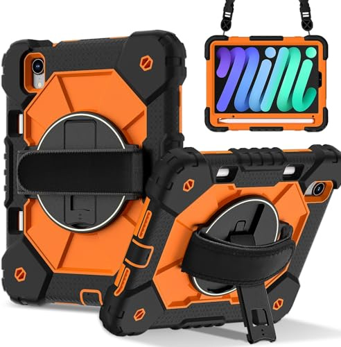 Custodia protettiva resistente compatibile con iPad mini 7 (A17 Pro) 2024, antiurto, resistente, ibrida, supporto girevole, cinturino staccabile e portamatite integrato, silicone antigraffio PC