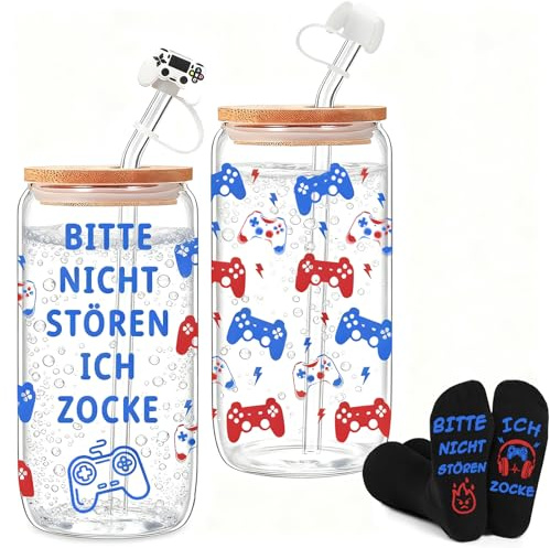 ZHOAOUAO Gamer Geschenk: High Borosilikatglas Cup Mit Deckel und Strohhalm, Gaming Socken mit Spruch, Gamer Cup Lustige Socken Zocker Geschenk für Teenager Jungs Spielefans