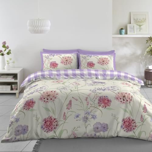 Lions Double Duvet Cover Sets - 3 Pcs Poly Cotton Floral Bedding with Matching Pillowcase, Soft Reversible Flowers Printed Quilt Covers, Purple, 200x200cm