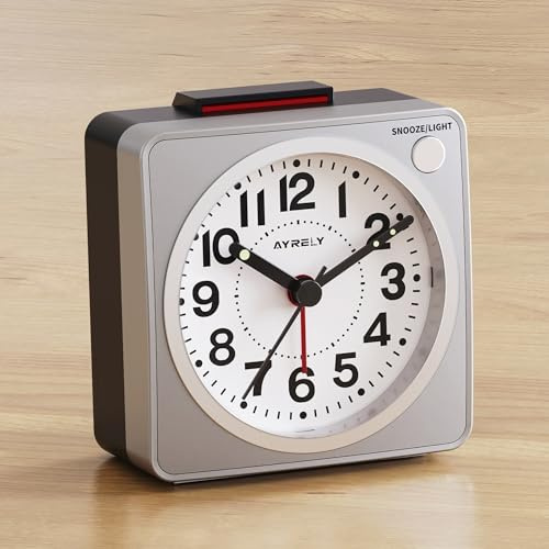 AYRELY® 2.6 × 1.4 Ultra Small Battery Operated Analog Travel Alarm Clock, Silent Non-Ticking with Snooze and Light, Retro Bedside Table Clock for Bedroom, Easy Top Alarm Switch (Silver)