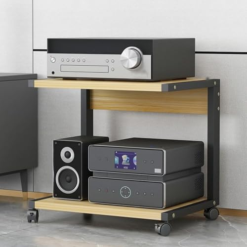 Supporto per altoparlanti HiFi, supporto mobile per stampante e TV, a 2 ripiani, in legno, con ruote, tavolino compatto per casa, ufficio, scuola (nero, 50 x 40 x 30 cm)
