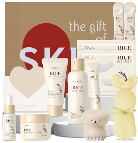 LAIKOU Ris ansiktsvård, 11 stycken hudvård kvinnor ansiktsset | Resestorlek Skincare med rengöringsmedel Rice Toner ögonkräm serum kräm fuktmask, för daglig fuktvård