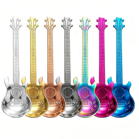 QEBSJSKL Coffee Spoon Set,TeaSpoons Set of 7pcs,Guitar Gifts for Men | Set of 7 in a Gift Box,Mirror-Polished Stainless Steel,Tea Spoons Set,for Dessert,Coffee,Sugar and Stirring,Dishwasher Safe