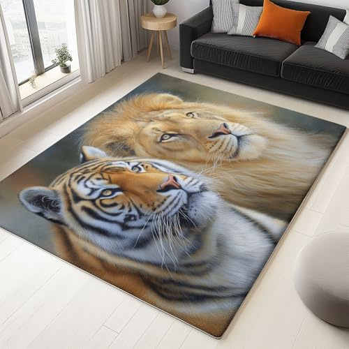 In- & Outdoor Teppich Flachgewebe Waschbarer rutschfest Teppich Wildtiere Löwen Tiger Mehrfarbig, stark frequentiert für Esszimmer, Wohnzimmer, Schlafzimmer, Größe: 100 x 150 cm