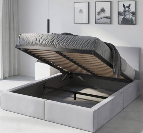 Polsterbett 120x200 cm mit Bettkasten und Lattenrost – Stauraumbett Doppelbett in Aschgrau Pflegeleichter Samtbezug Gepolstertes Bettgestell belastbar bis 300 kg ohne Matratze (Aschgrau, 120x200)