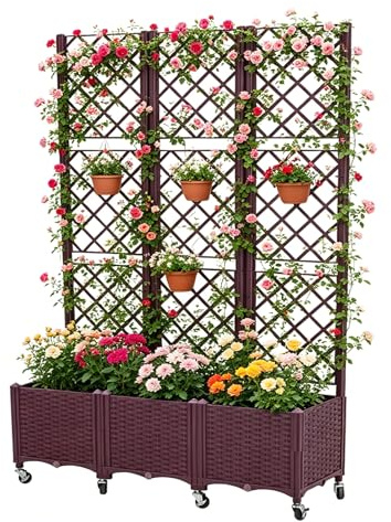 SCGSJZH Fioriera 3 Pezzi con Traliccio, 120x40x193 cm, Vaso Fioriere alto in PP Resistente con Ruote Frenabili e fori Drenaggio, Fioriera da Balcone per Piante Rampicanti, Giardino Terrazza, Marrone