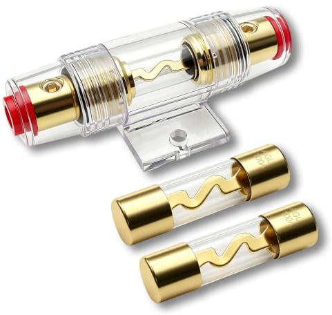 Porte-Fusible AGU en Ligne Plaqué Or, avec 2 Fusibles en Verre 100A | Porte Fusible AGU Lnline 100A Plaqué Or, 12V-48V Protection Alimentation Audio Voiture, Câbles 4/6/8/10 AWG, pour Ampli Auto