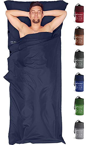 Fit-Flip Hüttenschlafsack Ultraleicht, Mikrofaser Schlafsack Inlay mit extra Kissenfach, Inlett Schlafsack seidig weich, Reiseschlafsack als auch Innenschlafsack, Dunkelblau