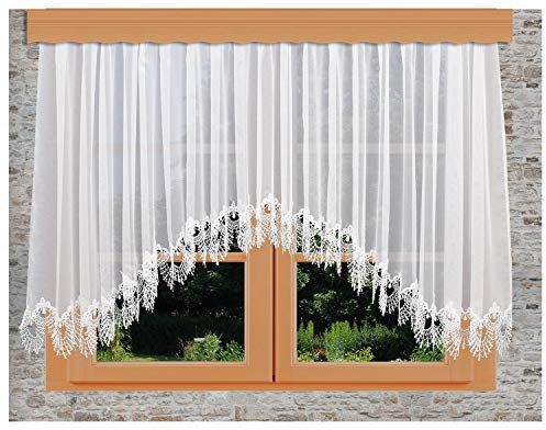 Gardinen-Store Nastja Vogtländische Spitze | handgefertigter Blumenfenster-Store klassisch mit Reihband | lichtdurchlässiger Fenster-Vorhang Fächerspitze weiß | Bogenstore Höhe x Breite 120 x 400 cm