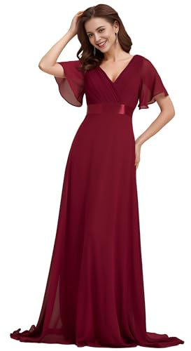 Ever-Pretty Vestito da Damigella Donna Stile Impero Linea ad A Scollo a V Maniche Corte Lungo Borgogna 50