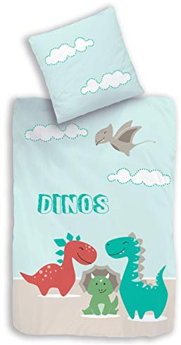 termana Dino Bettwäsche-Set 135x200 · Kinder-Bettwäsche für Jungen · Dinosaurier in Mint · 1 Kissenbezug 80x80 + 1 Bettbezug 135x200 cm - 100% Baumwolle · 2-teilig