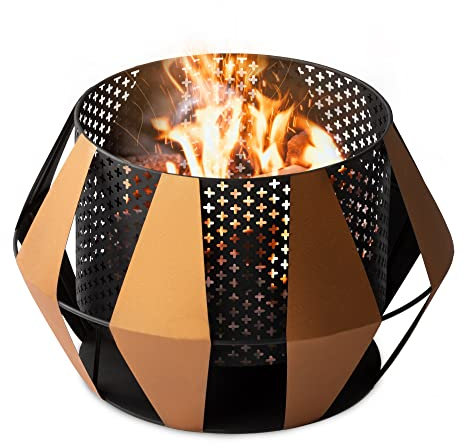 LIVIVO Sunburst Design Fire Pit Brazier with Mesh Inner Walls for Wide Heat Output and Viewing Angle, Rustic Copper Style External Details, Weather and Rust-Resistant Material