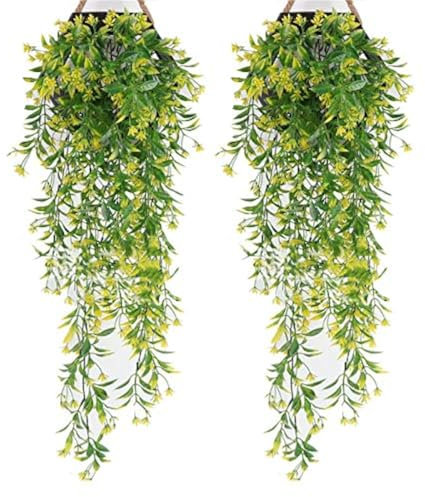 Eyand 2Pcs Artificielle retombantes Plantes - Plantes de Mur Artificiel Jaune, Faux Lierre de Vigne pour Mur Maison Porche Jardin Décoration de Mariage Garland Suspendu à l'extérieur (Pas de Panier)