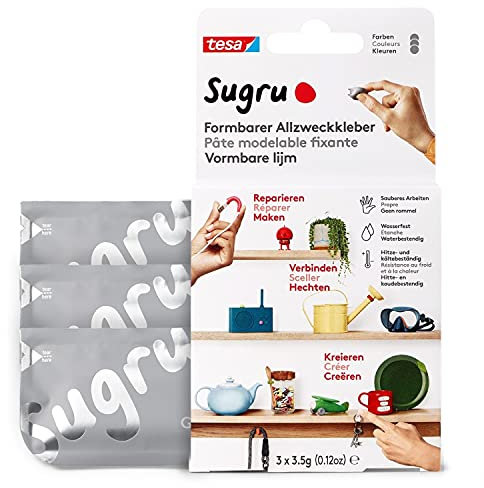 Sugru by tesa - Pâte Fixante Polyvalente à Modeler en Lot de 3 x 3.5 g - Pâte Durcissante Adhésive Polyvalente - Pour Réparer, Coller et Fixer sans Percer - Gris