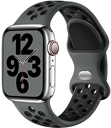 Upeak Sport Armband Kompatibel mit Apple Watch Armband 44mm 45mm 49mm 46mm 42mm 40mm 41mm 38mm, Atmungsaktiv Silikon Doppelloch Band für iWatch Ultra SE Series 10 9 8 7 6 5 4 3 2, S, Holzkohle/Schwarz