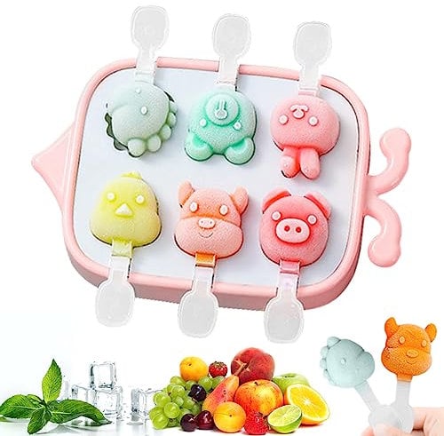 Bluelves Moldes Helados, 6 Pack Moldes para polos helados, Molde Helados Silicona con Palo, Poleras Helado para Bebé, Niño y Adultos(Animales)