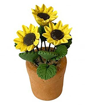 Dolls House Yellow Sun Flowers in Terracotta Pot Miniature Garden Accessory 1:12