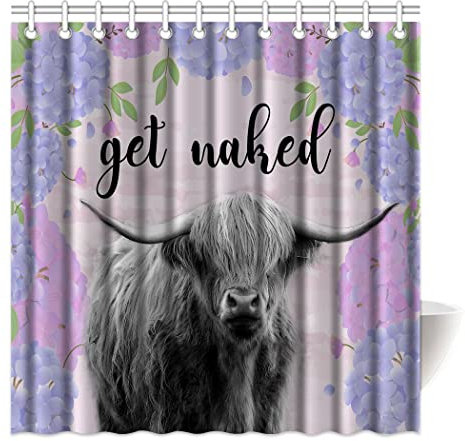 Zomer Lavendel Duschvorhang Highland Cow& Hortensien, schnelltrocknend, langlebig und waschbar, mit 12 Haken, dekorativer Badezimmer-Vorhang 120 x 180 cm