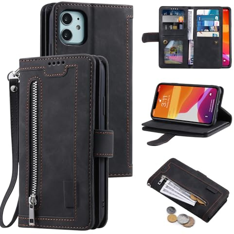 UEEBAI Estuche para iPhone 11 6.1 Inch, Cartera con Correa de Mano Cuero PU Funda Tapa Retro a Prueba de Golpes con 9 Ranuras para Tarjetas Función de Soporte Bolso Magnético - Negro