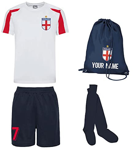 Personalised England Kids Football Kit Shirt, Short, Bag and Socks Best Birthday Gift for 9 to 11 Year Old Children Arctic White/Fire Red
