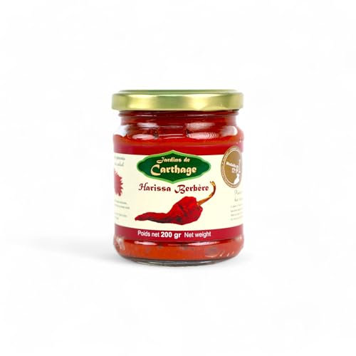 Harissa Paste Jardins de Carthage - Harissa Gewürzmischung Berbere aus Tunesien - Natürlich getrocknet und geräuchert - Vegetarisch & Vegan - 1X 200g Dose (200 GR)
