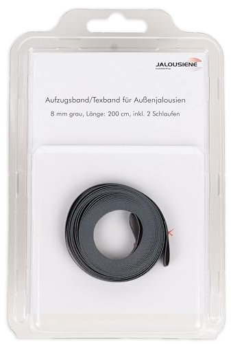 Texband für Außenjalousien 8 x 0,34 mm – Aufzugsband inkl. 2 Schlaufen (200 cm, Grau) – UV-beständig, wetterfest & reißfest – Ersatzband für Raffstore & Jalousie