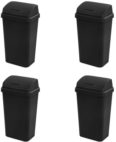 Sterilite 4-Pack Swing Top Wastebasket, Sleek Square Profile Trash Can, 13 Gallon, Black - Modern Garbage Bin for Kitchen, Bathroom, Garage and Workspace, Fits 13 Gal Liners