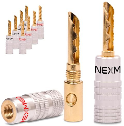 NEXMEX Hohl Bananenstecker 4mm - 10 Stück Stecker als Set - Hohl Steckverbinder 24K vergoldet Hohlbananas für Lautsprecherkabel - HiFi Lautsprecheranschluss
