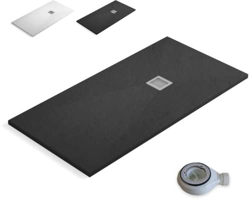 Plato de ducha Stone Coat - Carga Mineral con Resina recubierto de Gel Coat Válvula y Rejilla incluido. (90 x 150 cm, Gris Antracita)