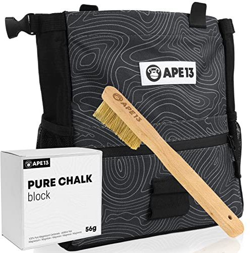 APE13® Chalkbag Boulder Set aus Chalk Bag, Boulder Bürste, Chalk (als Set & Einzeln) - Perfektes Bouldern Geschenk und genügend Platz für Boulder Zubehör (Boulder Set) Schwarz/Weiß