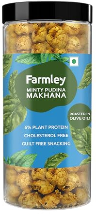 Farmley Makhana (Fox Nuts) Superfood Snack | Gluten Free Roasted & Flavoured Crisps | Good Source of Plant-Based Protein & Fiber | Crunchy Popped Lotus Seeds | Mint | 3.20 oz