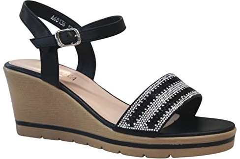 Women's Summer Fashion Wedge Sandals with Sparkling Diamante Black36