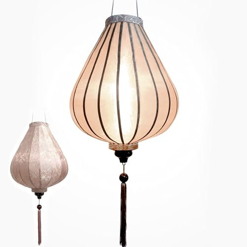 Asiatische Laterne aus Seide, G, Durchmesser 33 cm, Farbe Champagner, reflektierend, Rosa – Traditioneller Hoi an Lampion aus Stoff, Bambus und Holz – Dekoration und Handwerk aus Vietnam (G25-BE)