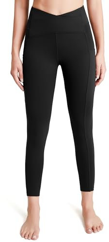 QUEENIEKE Sport Leggings Damen V Cross High Waist Yogahose Lang Sportleggings Blickdicht Bund Bauchkontrolle Leggins mit 3 Taschen Gym Yoga Fitness Farbe Schwarz Größe M