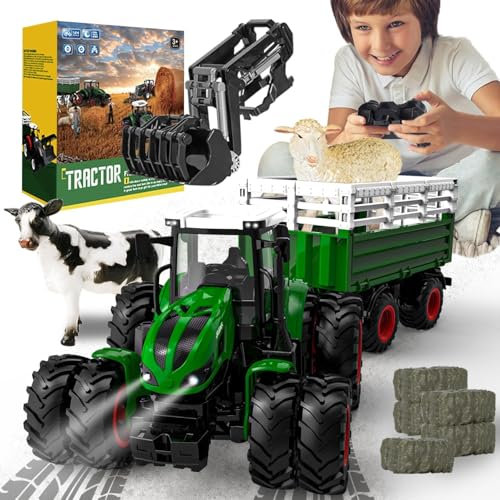 PENGBU RC Traktor Spielzeug ab 3 Jahre, 2.4 GHz Ferngesteuerter Traktor Ferngesteuert mit anhänger, RC Trecker Spielzeug mit Fernbedienung, Kuh und Schaf, Geschenk 2 3 4 6 Jahre