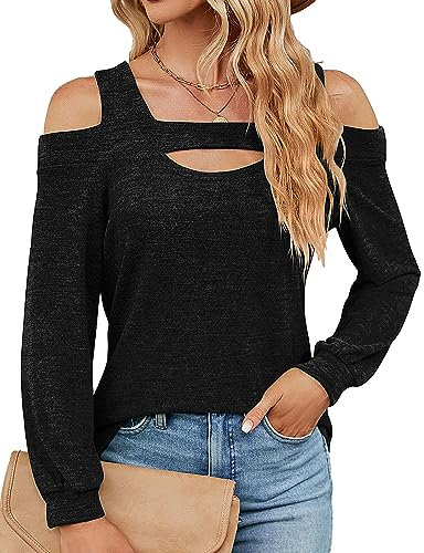 HANERDUN Camicia Donna Maniche Lunghe Blusa Camicetta con Spalle Scoperte Elegante Tunica Lavorata a Maglia con Scollo Quadrato